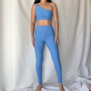 Blue Legging and One Shoulder Sports Bra Set